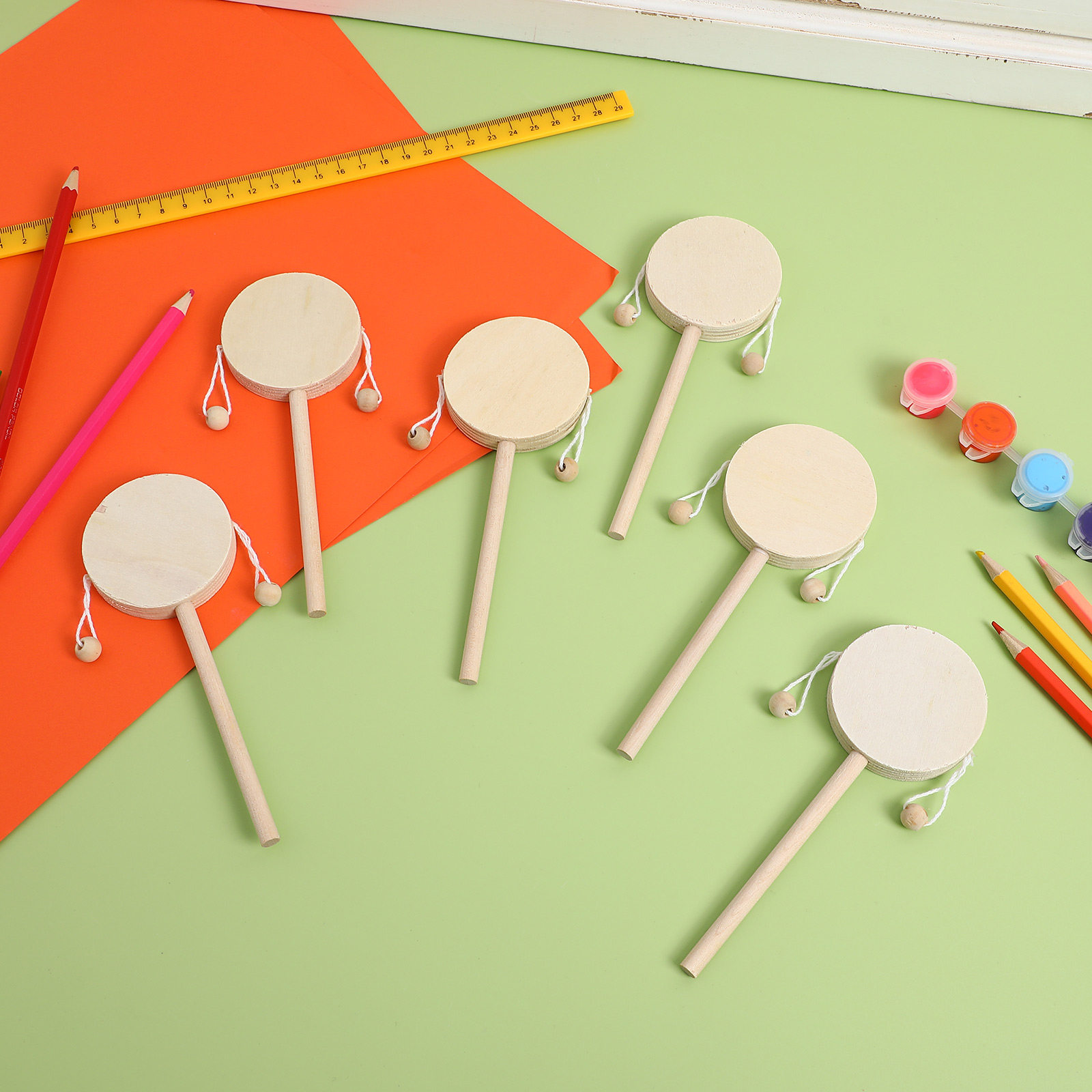 Musical Instrument For Babies - 1Set Rattle Drum Wooden DIY Unfinished